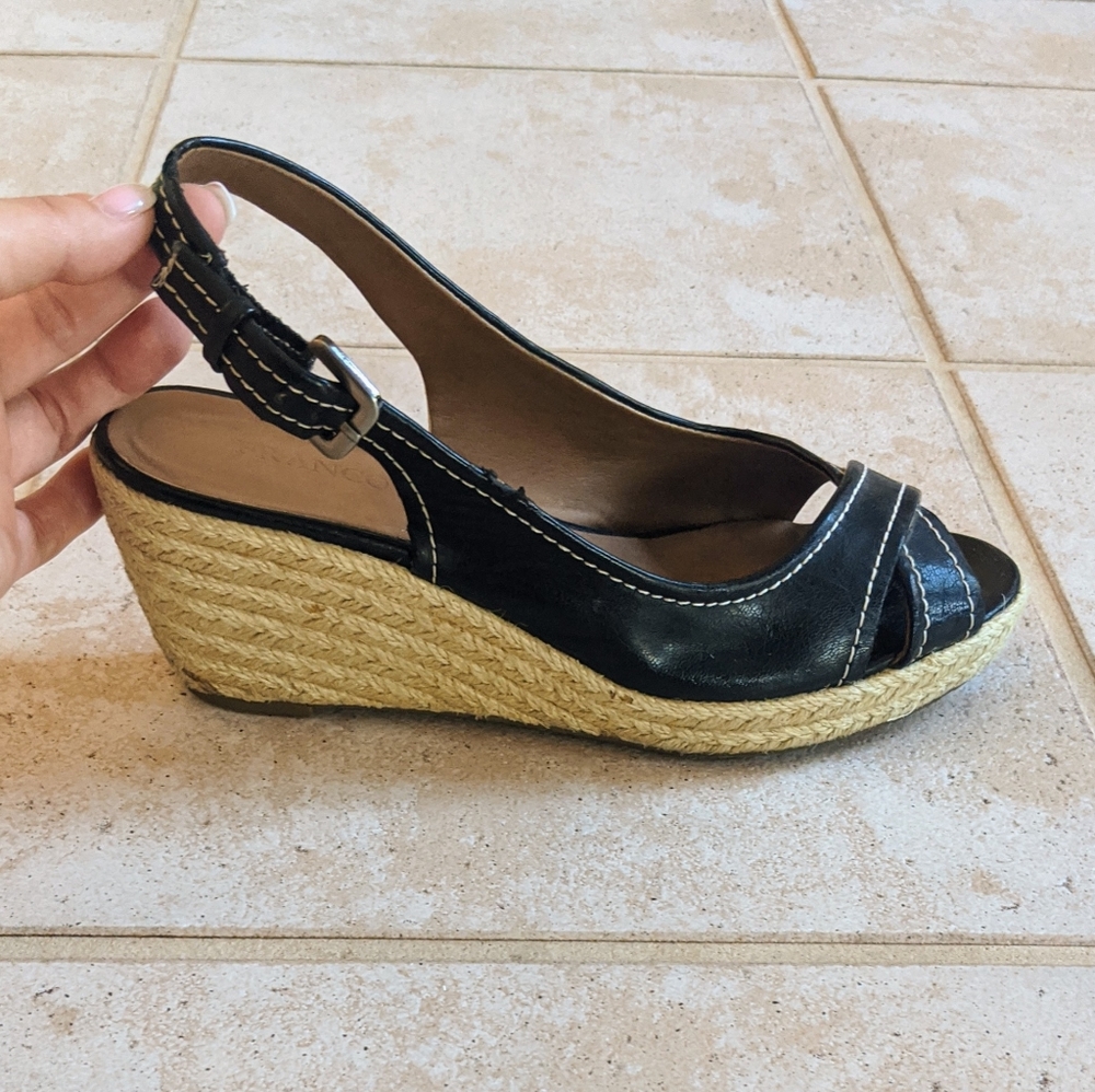 Black Franco Sarto Leather Wedge Peep Toe Sandal 7 - Picture 3 of 8